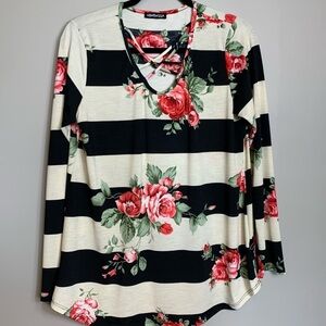 Heimish USA Long Sleeve Knit Top Size Medium Black White Stripe Pink Rose V Neck